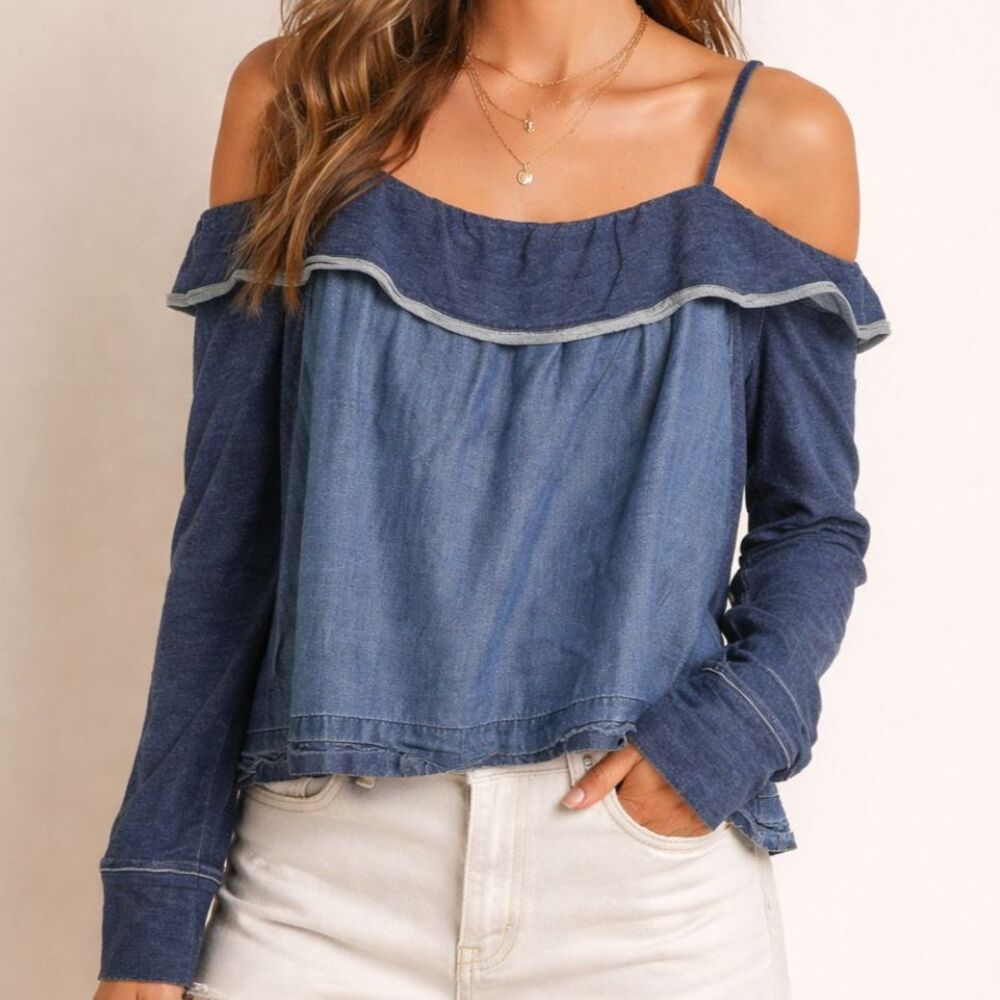 Cloth & Stone Off Shoulder Long Sleeve Chambray Top Blue Size Small